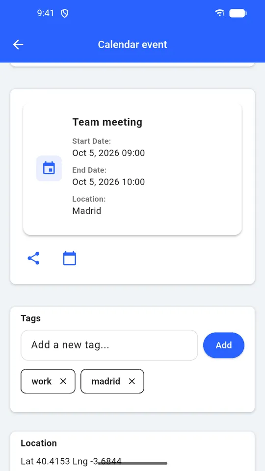 Saved calendar event QR code with tags