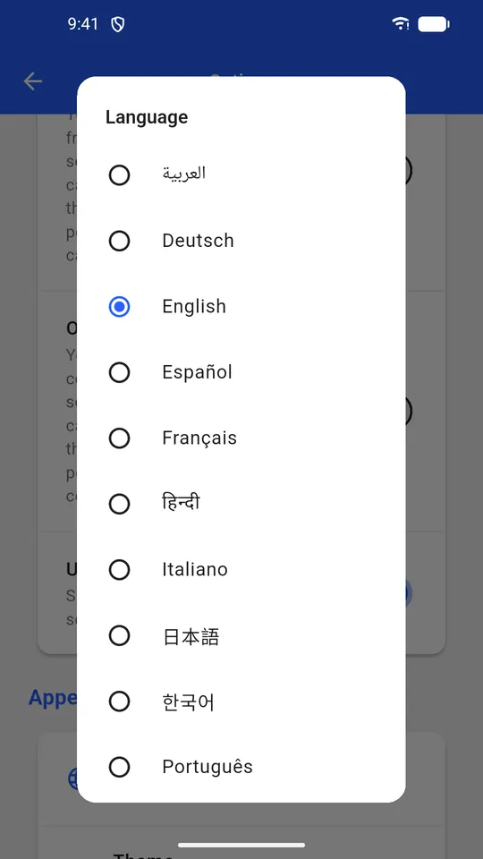 Language picker listing the 11 supported languages