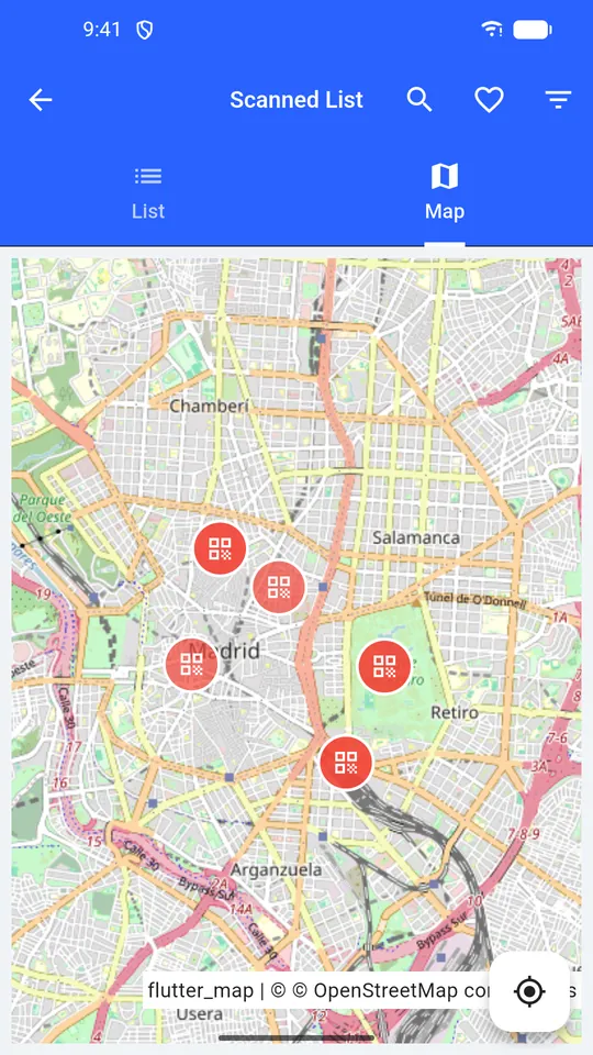 QR Atlas history map with scanned QR codes pinned across a city